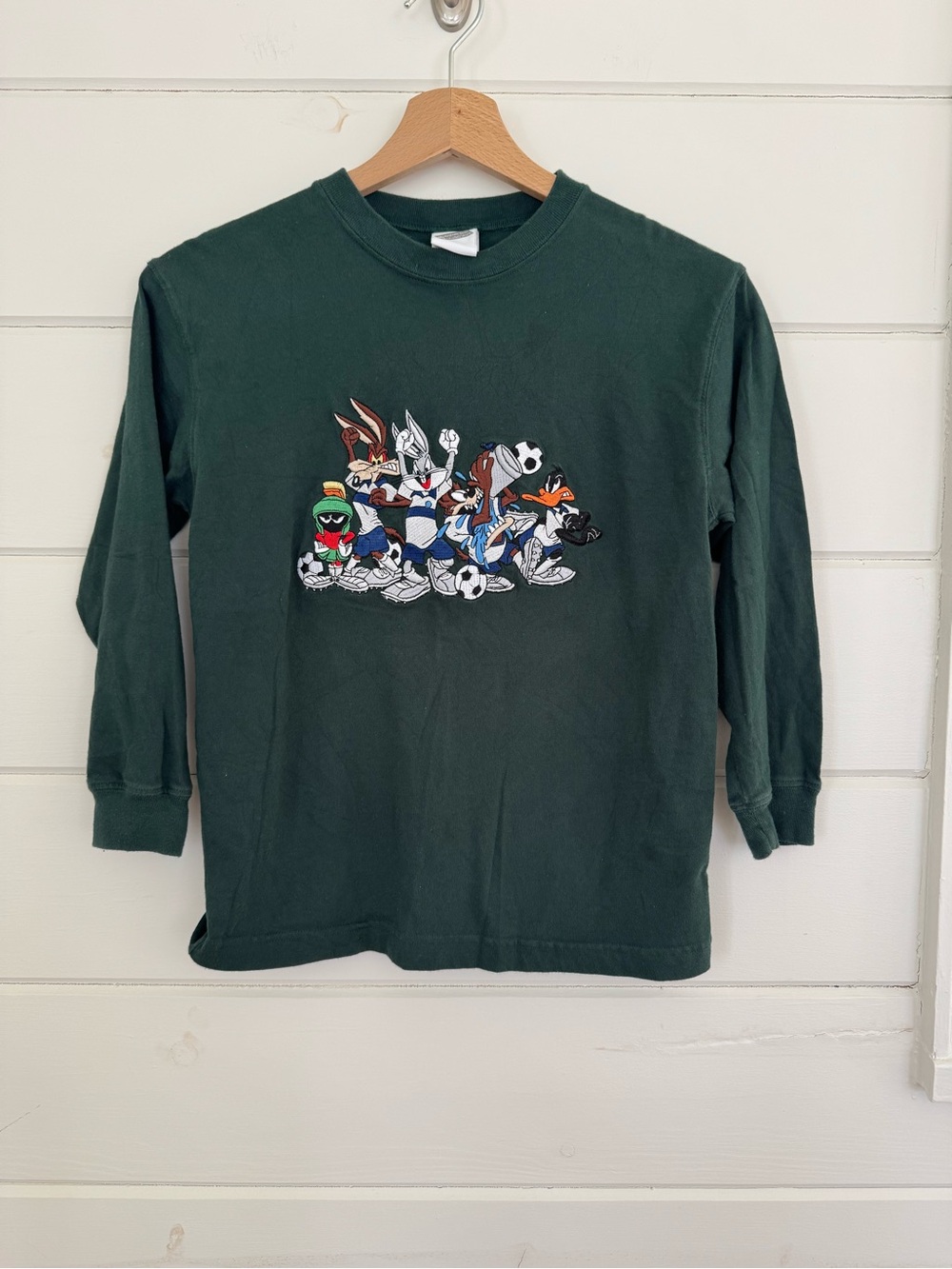 Y2K Warner Bros Looney Tunes Soccer Long Sleeve Shirt Youth M 7/8 Vintage Green